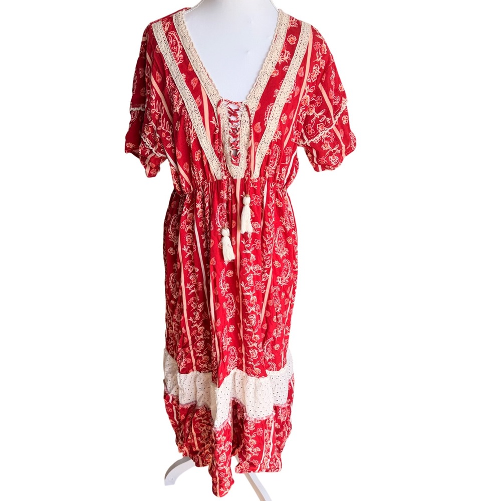Darshan Red Floral Paisley Crochet Lace Midi Dress Womens Size L Boho Tassel